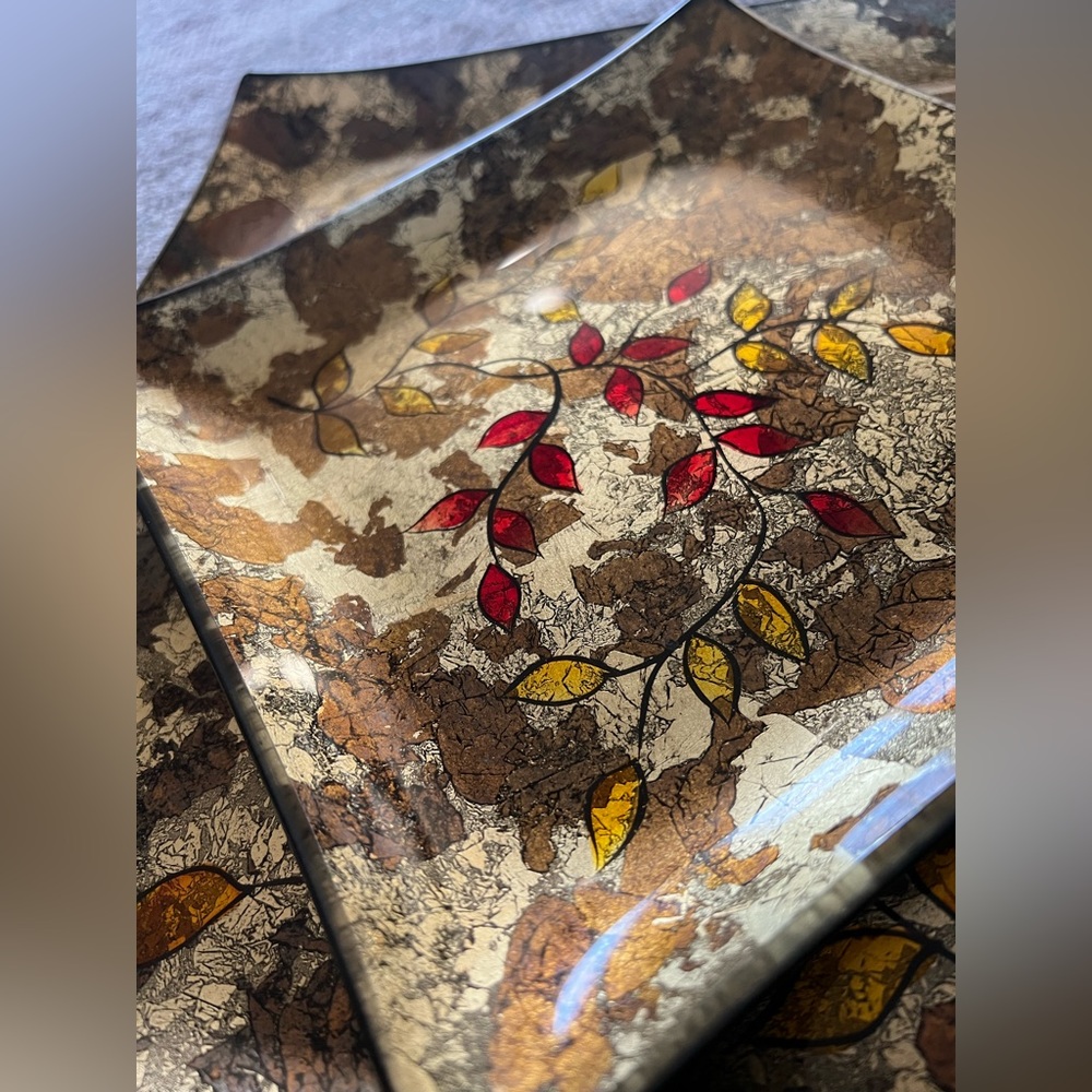 Two piece Catch All glass art tray set neutrals red yellow decorative bundle EUC - Picture 9 of 9